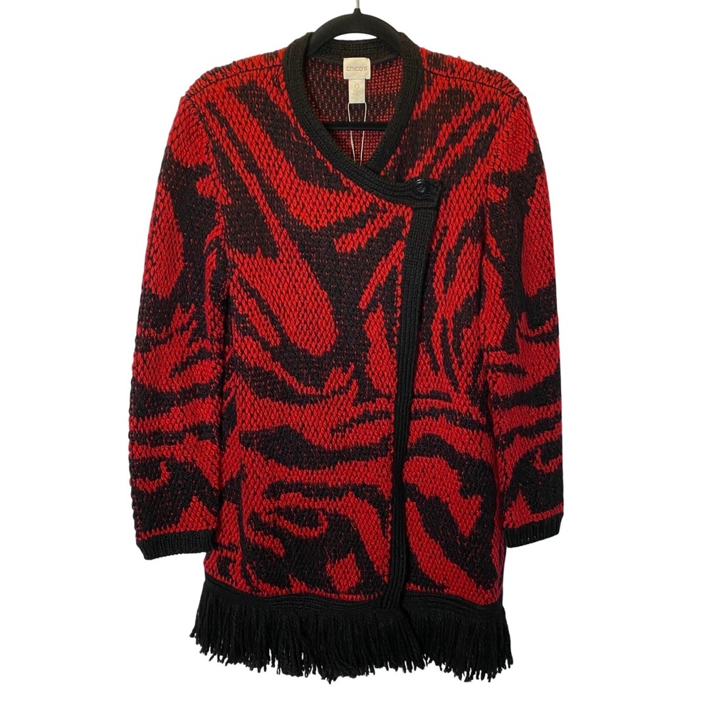 Chico's Abstract Agatha Cardigan Sweater Women 0 Small Red Black Fringe Cozy